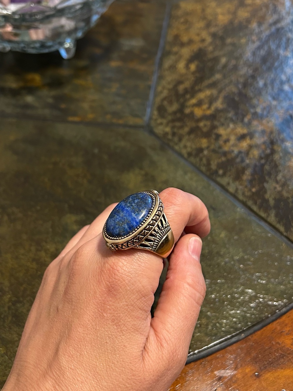Vintage Huge BARSE Gold Tone Lapis Lazuli Statement Ring Size 9/1.2